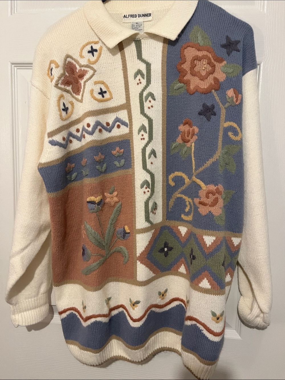 Alfred Dunner Cream Sweater with Blue and Rust Floral Patchwork